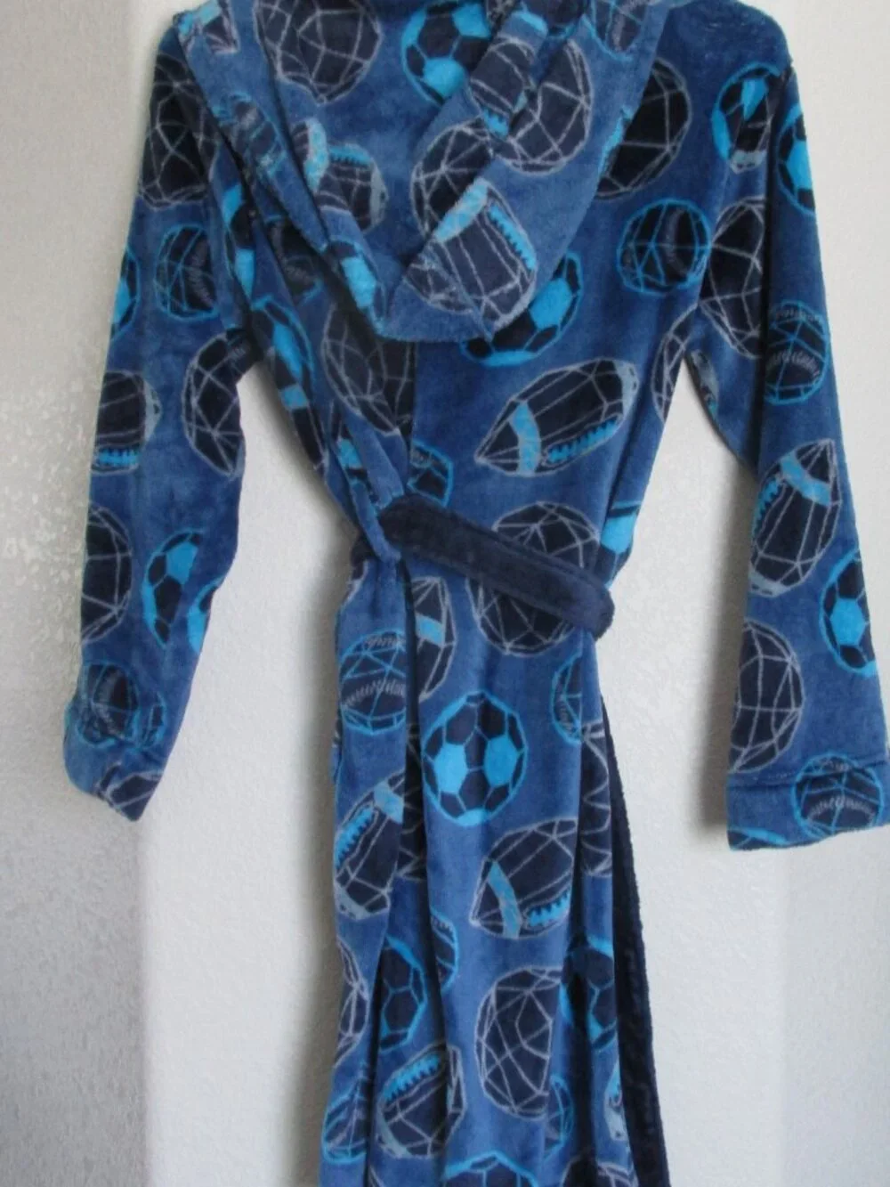 Fleece Hooded Bath Robe Boys Size Large 12/14 Blue Sports Plush Waist Tie Belt